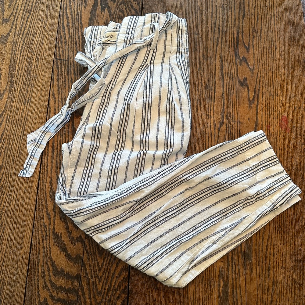 Madewell White and Blue Striped pants with tie belt